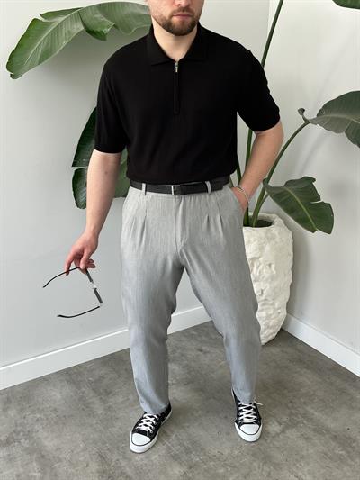 Gofre Kumaş Gri Çizgili Pileli Boyfriend Pantolon