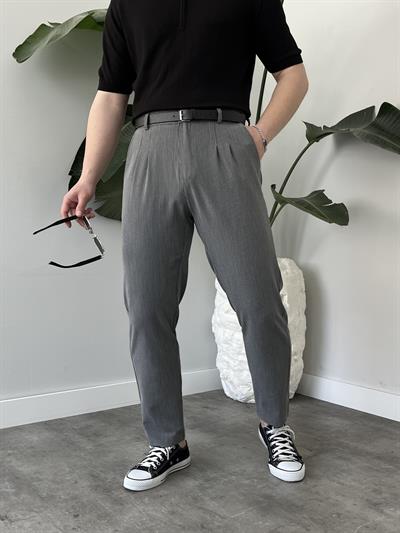 Gofre Kumaş Koyu Gri Çizgili Pileli Boyfriend Pantolon
