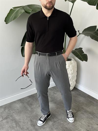 Gofre Kumaş Koyu Gri Çizgili Pileli Boyfriend Pantolon