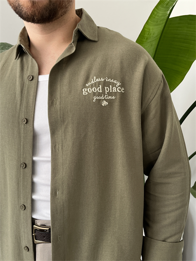 Good Place Nakışlı Çağla Keten Oversize Gömlek