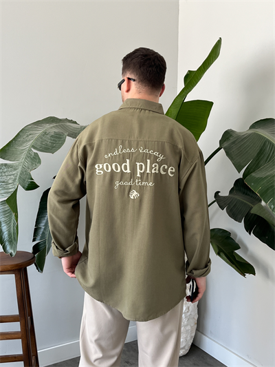 Good Place Nakışlı Çağla Keten Oversize Gömlek