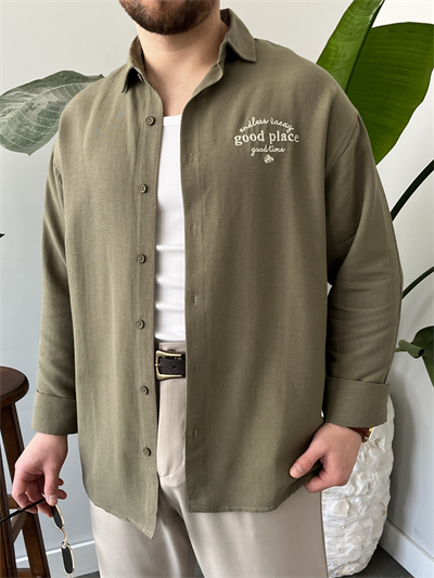 Good Place Nakışlı Çağla Keten Oversize Gömlek