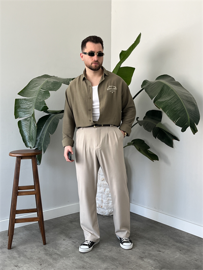 Good Place Nakışlı Çağla Keten Oversize Gömlek