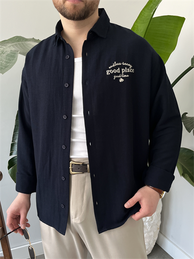 Good Place Nakışlı Lacivert Keten Oversize Gömlek