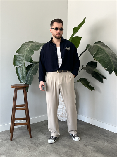 Good Place Nakışlı Lacivert Keten Oversize Gömlek