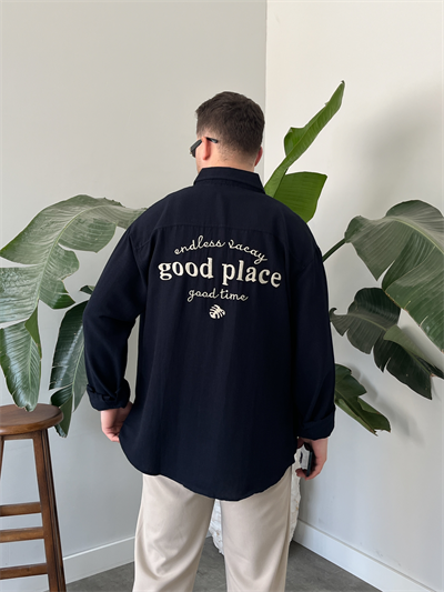 Good Place Nakışlı Lacivert Keten Oversize Gömlek