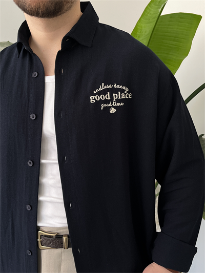 Good Place Nakışlı Lacivert Keten Oversize Gömlek