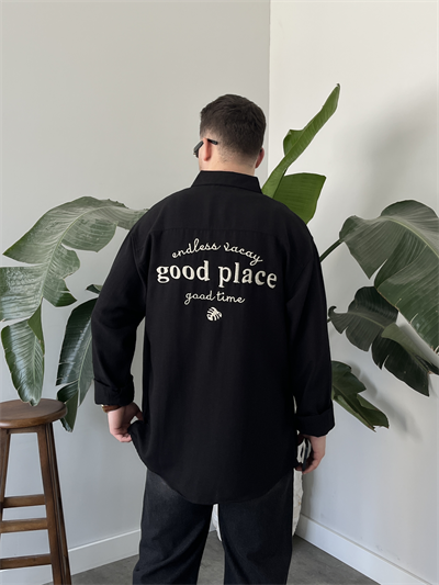Good Place Nakışlı Siyah Keten Oversize Gömlek