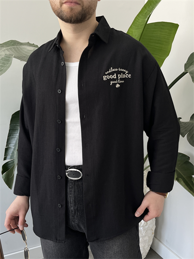 Good Place Nakışlı Siyah Keten Oversize Gömlek