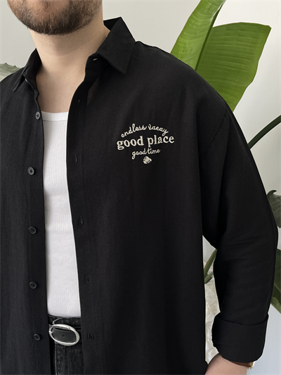 Good Place Nakışlı Siyah Keten Oversize Gömlek