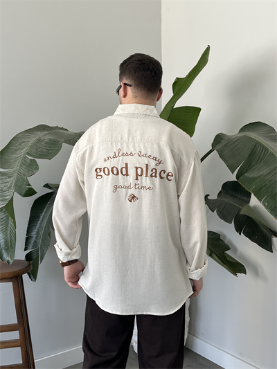 Good Place Nakışlı Taş Keten Oversize Gömlek
