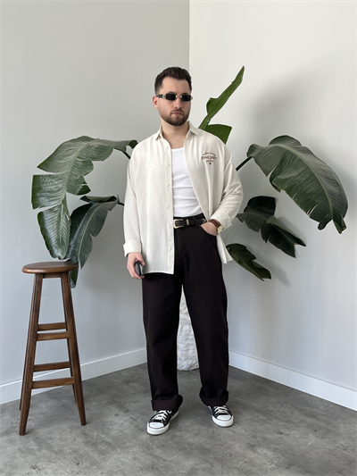 Good Place Nakışlı Taş Keten Oversize Gömlek