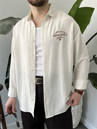 Good Place Nakışlı Taş Keten Oversize Gömlek