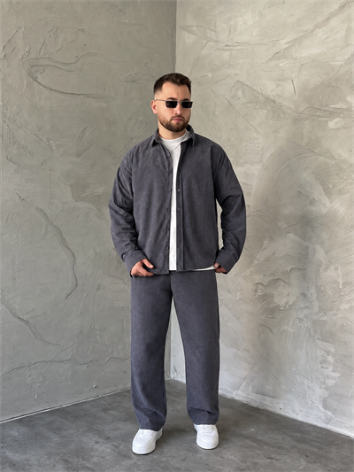 Gri Boxy Fit Fitilli Kadife Takım