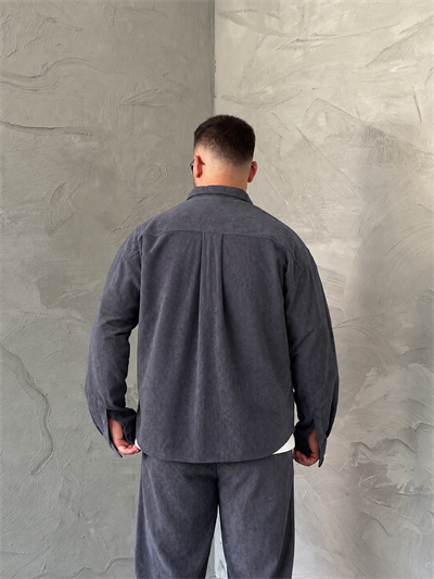 Gri Boxy Fit Fitilli Kadife Takım