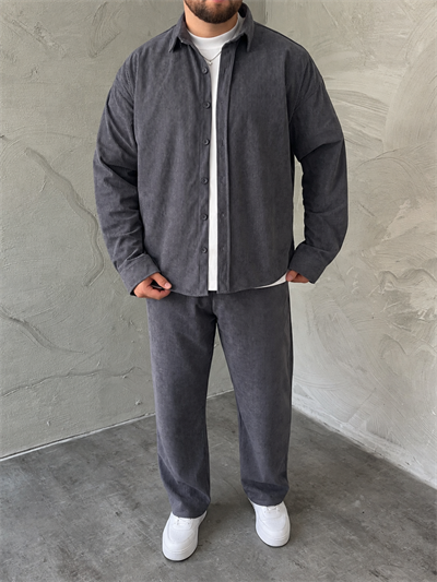 Gri Boxy Fit Fitilli Kadife Takım