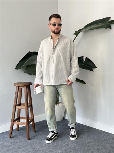Gri Casual Çizgili Oversize Gömlek