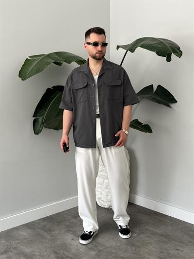 Gri Cepli Relax Fit Erkek Kısa Kollu Gömlek
