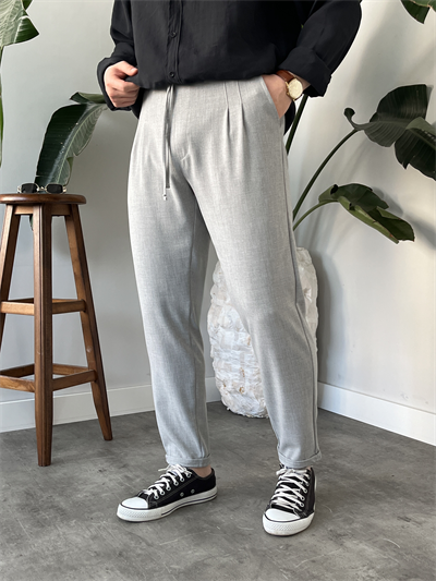 Gri Duble Paça Kumaş Jogger Pantolon