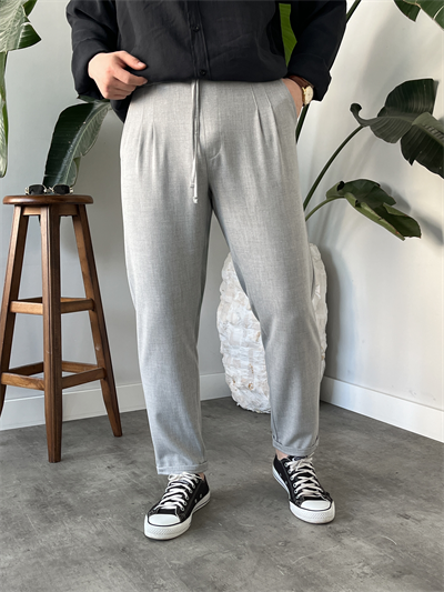 Gri Duble Paça Kumaş Jogger Pantolon