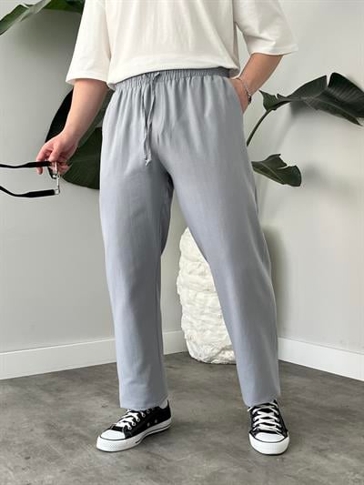 Gri Gabardin Keten Baggy Pantolon