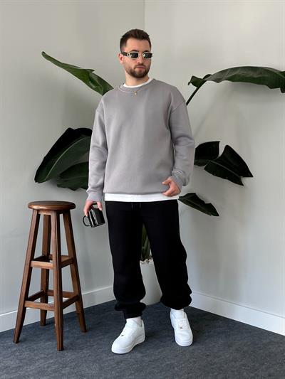 Gri Üç İplik Şardonlu Basic Sweatshirt