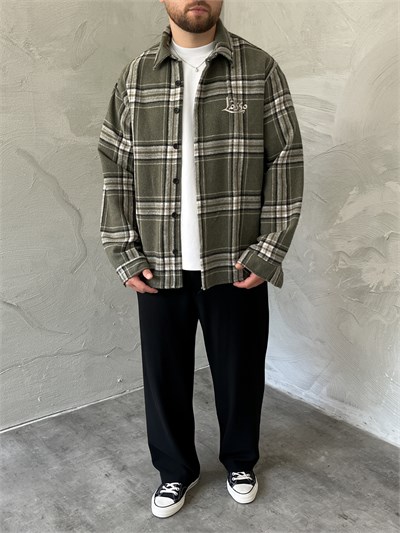 Haki Baskılı Oversize Ekose Gömlek
