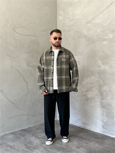 Haki Baskılı Oversize Ekose Gömlek