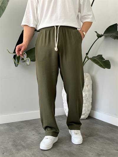 Haki Burgu Bağcık Detaylı Pamuk Keten Relax Fit Pantolon