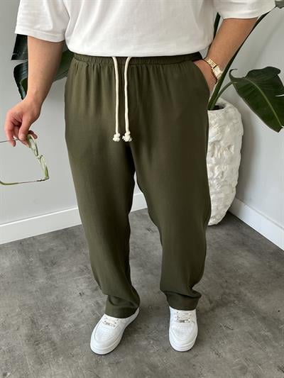 Haki Burgu Bağcık Detaylı Pamuk Keten Relax Fit Pantolon