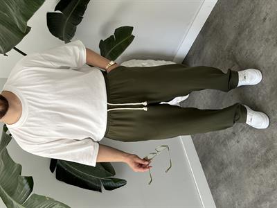 Haki Burgu Bağcık Detaylı Pamuk Keten Relax Fit Pantolon
