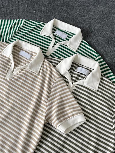 Haki Çizgili Polo Yaka Triko T-shirt