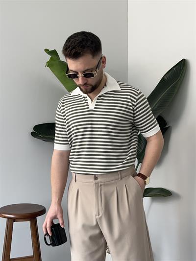 Haki Çizgili Polo Yaka Triko T-shirt