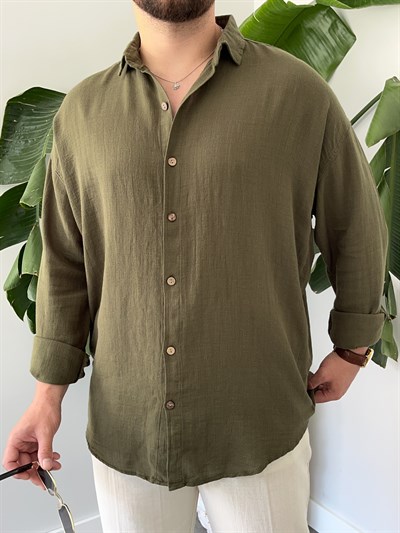 Haki Etamin Keten Oversize Gömlek