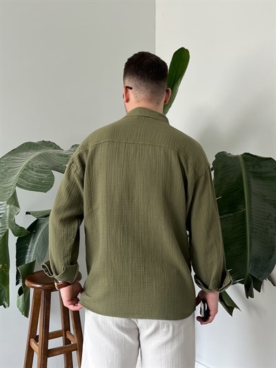 Haki Premium Müslin Dokulu Oversize Gömlek