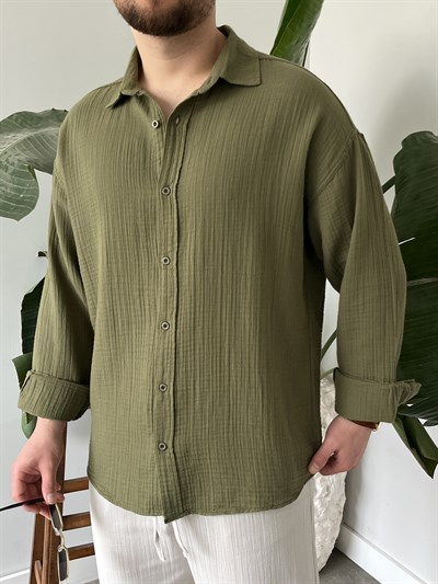 Haki Premium Müslin Dokulu Oversize Gömlek