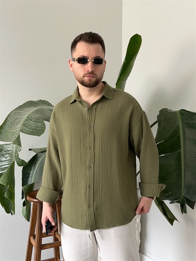 Haki Premium Müslin Dokulu Oversize Gömlek