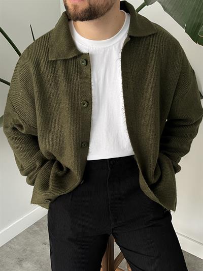 Haki Örme Düğmeli Polo Yaka Oversize Hırka