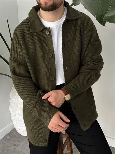 Haki Örme Düğmeli Polo Yaka Oversize Hırka