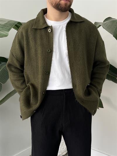 Haki Örme Düğmeli Polo Yaka Oversize Hırka