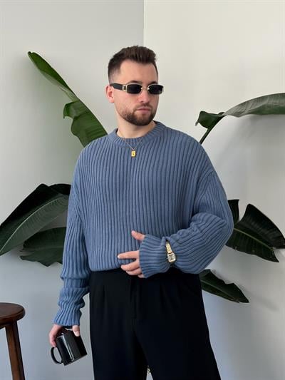 İndigo Extra Dolgulu Oversize Örgü Kazak