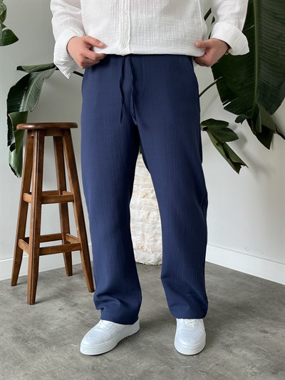 İndigo Premium Müslin Dokulu Baggy Pantolon