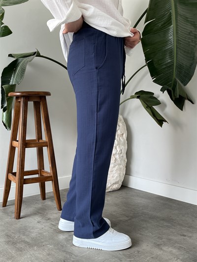 İndigo Premium Müslin Dokulu Baggy Pantolon