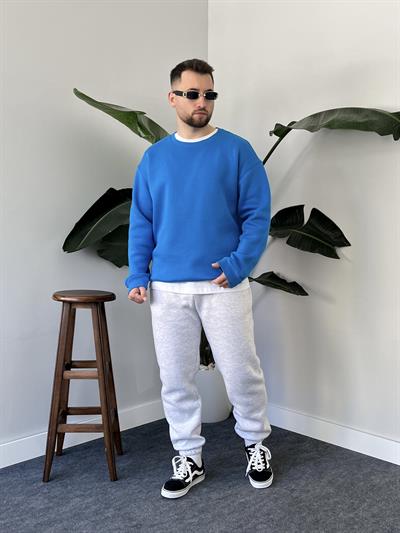 İndigo Üç İplik Şardonlu Basic Sweatshirt