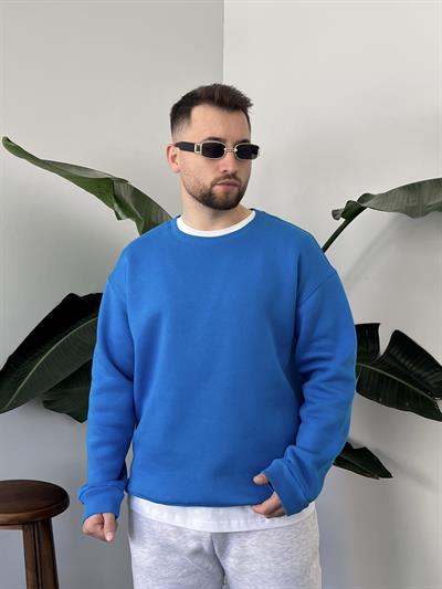 İndigo Üç İplik Şardonlu Basic Sweatshirt