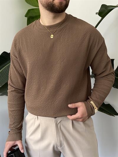 Kahve Fitilli Bisiklet Yaka Triko Sweat
