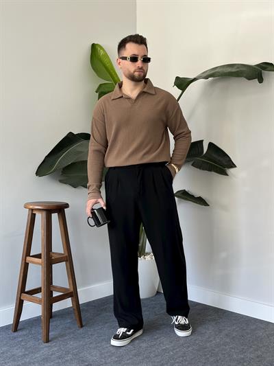 Kahve Fitilli Polo Yaka Triko Sweat