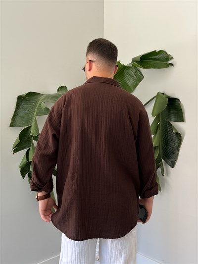 Kahverengi Armürlü Müslin Oversize Gömlek