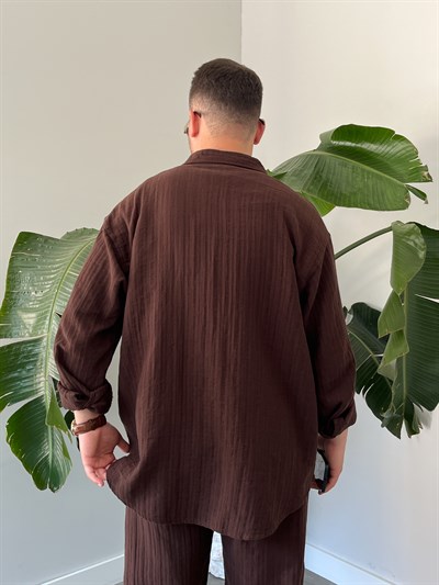 Kahverengi Armürlü Müslin Oversize Takım