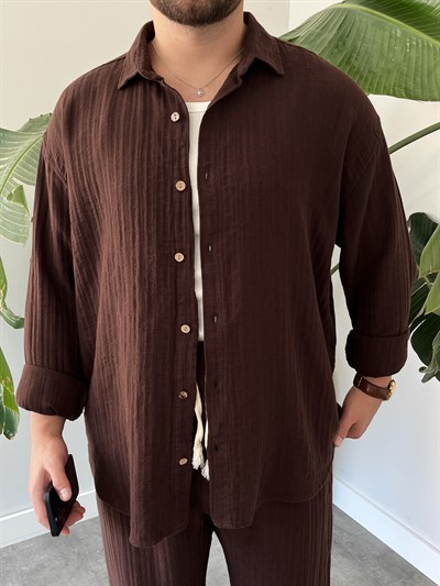 Kahverengi Armürlü Müslin Oversize Takım